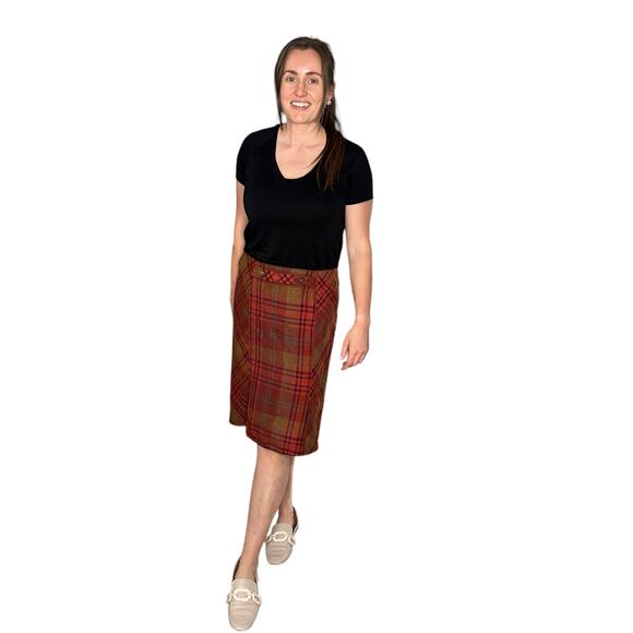 VALENTINO Vintage Orange Plaid Pencil Midi Skirt Women's Size 10 Wool Preppy - Picture 1 of 13